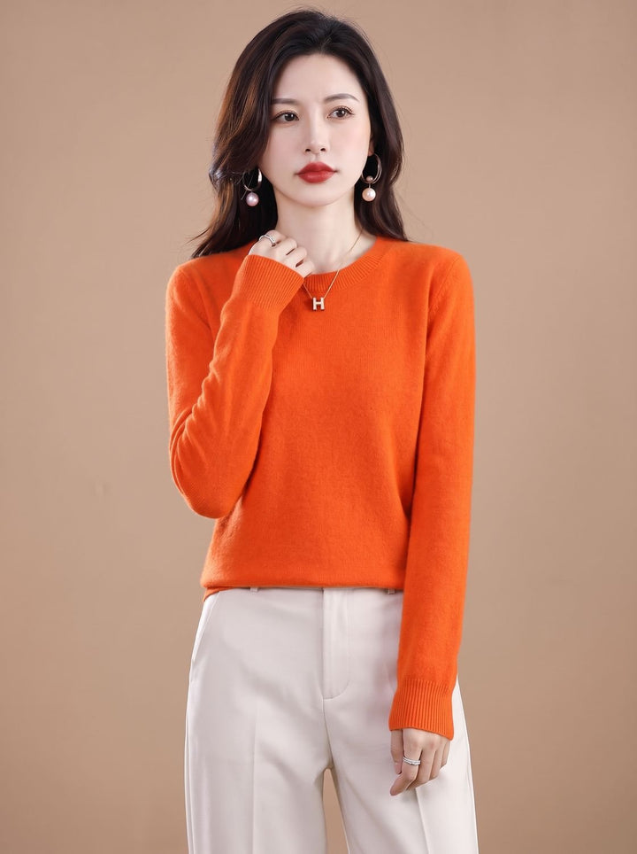 Dames Zachte Cashmere Pullover met Ronde Hals Lange Mouwen - Oranje