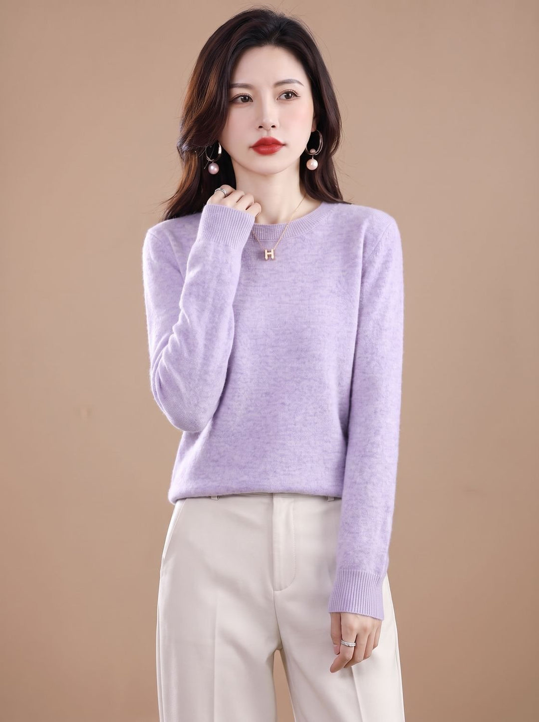 Dames Zachte Cashmere Pullover met Ronde Hals Lange Mouwen - Lichtpaars