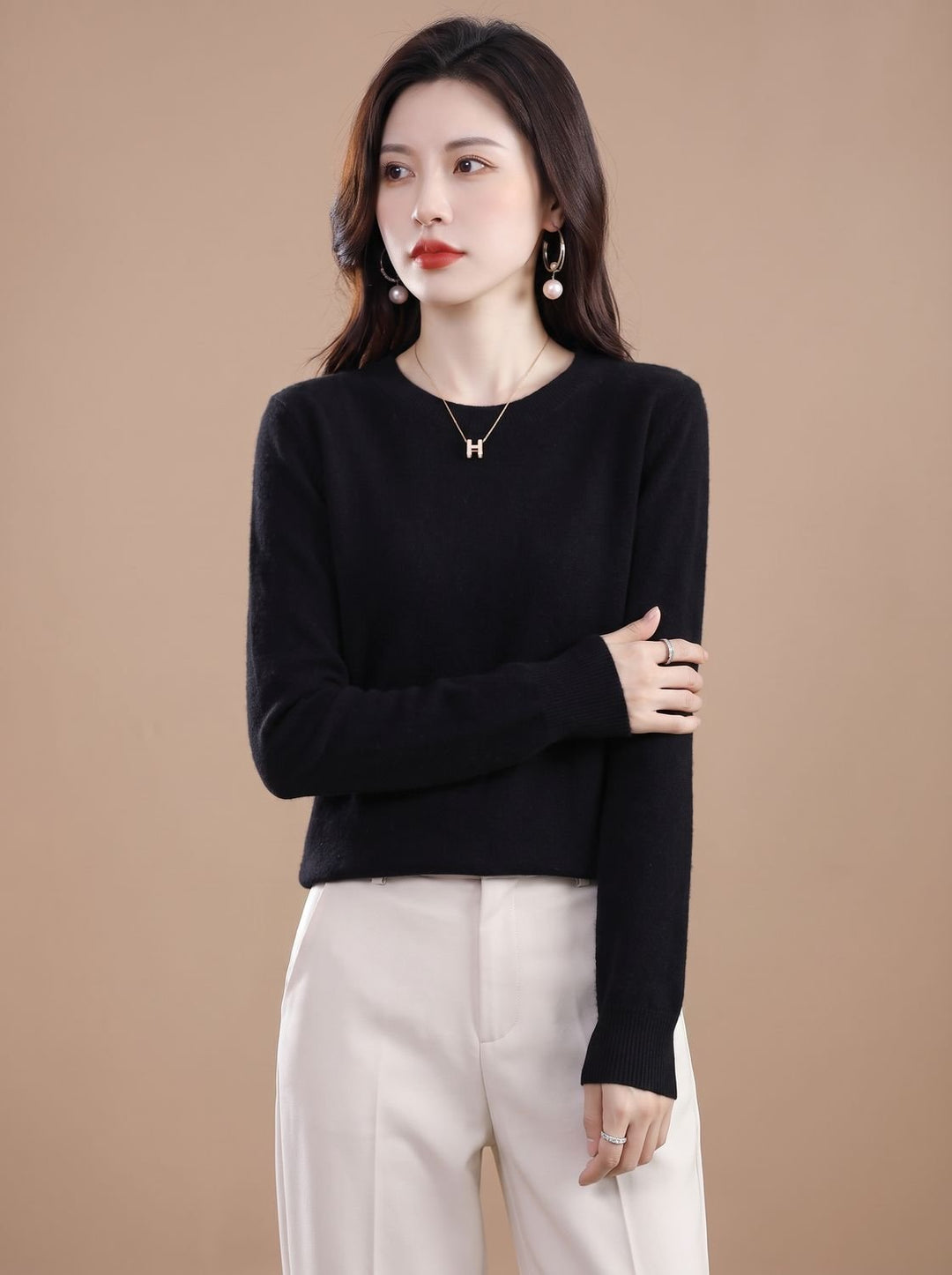 Dames Zachte Cashmere Pullover met Ronde Hals Lange Mouwen - Zwart