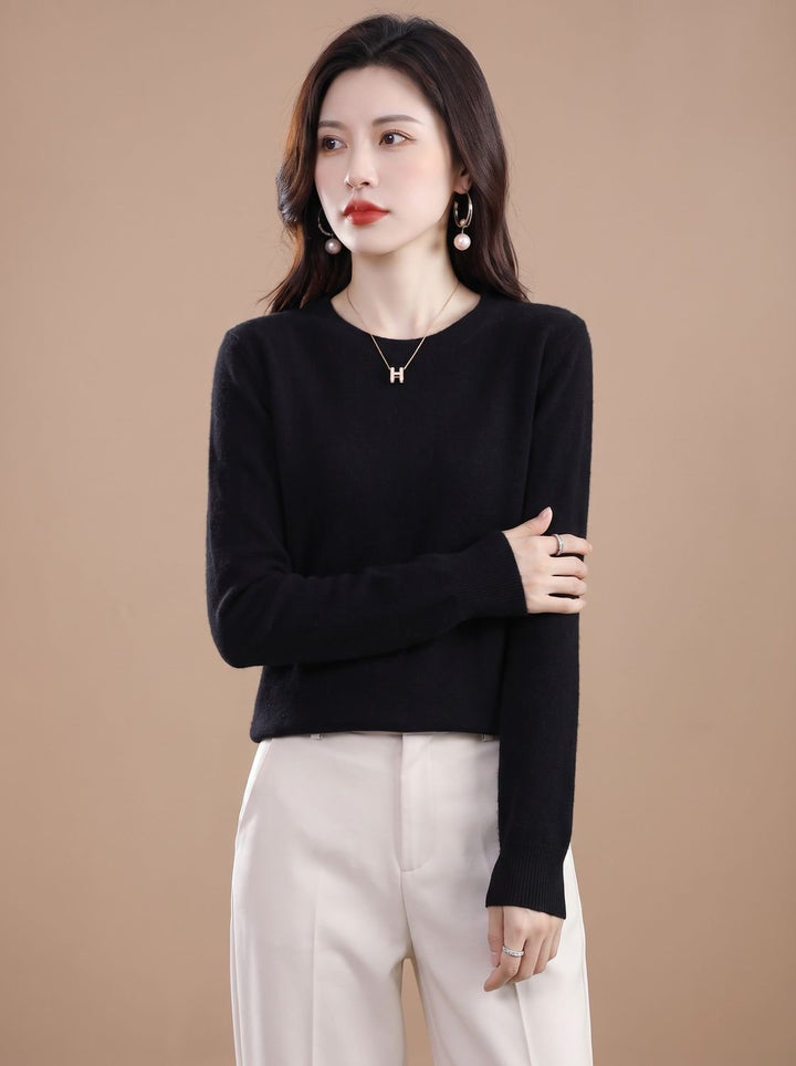 Dames Zachte Cashmere Pullover met Ronde Hals Lange Mouwen - Zwart