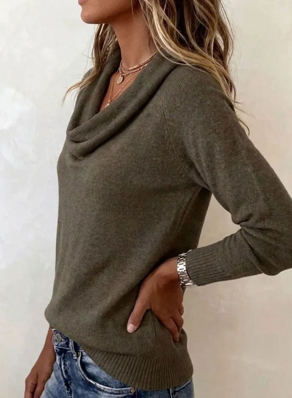 Dames Zachte Gebreide Longsleeve Pullover met Waterval Hals