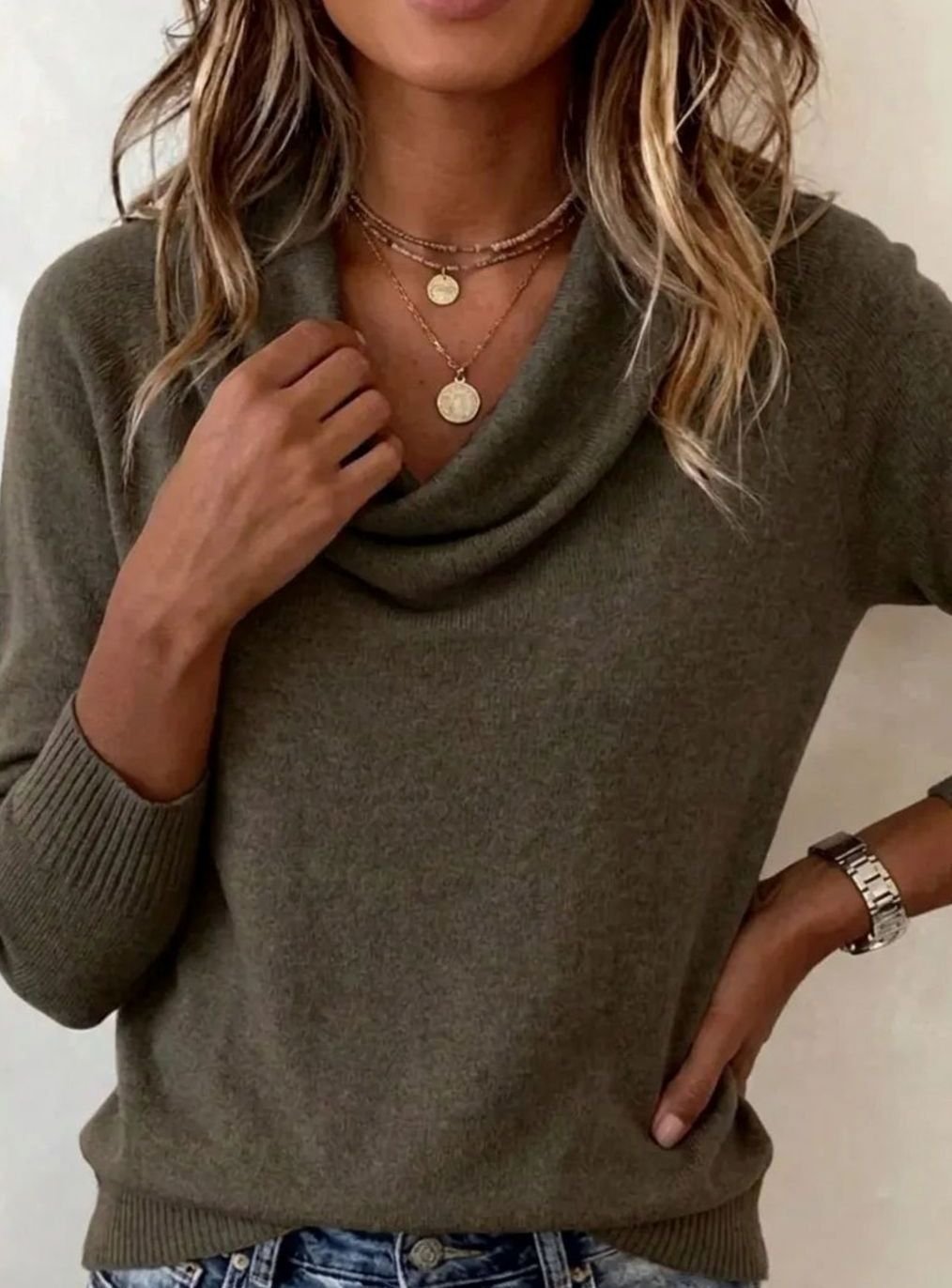 Dames Zachte Gebreide Longsleeve Pullover met Waterval Hals