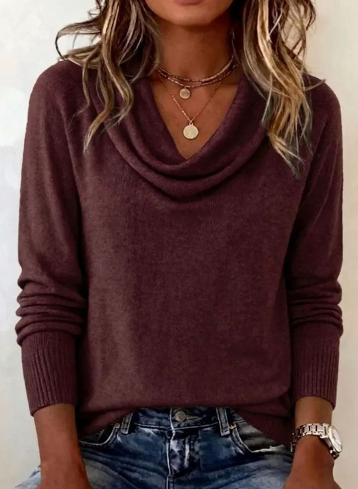 Dames Zachte Gebreide Longsleeve Pullover met Waterval Hals - Donkerpaars