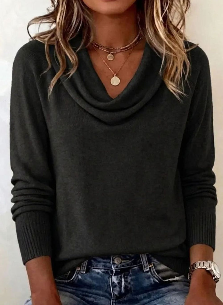 Dames Zachte Gebreide Longsleeve Pullover met Waterval Hals - Zwart