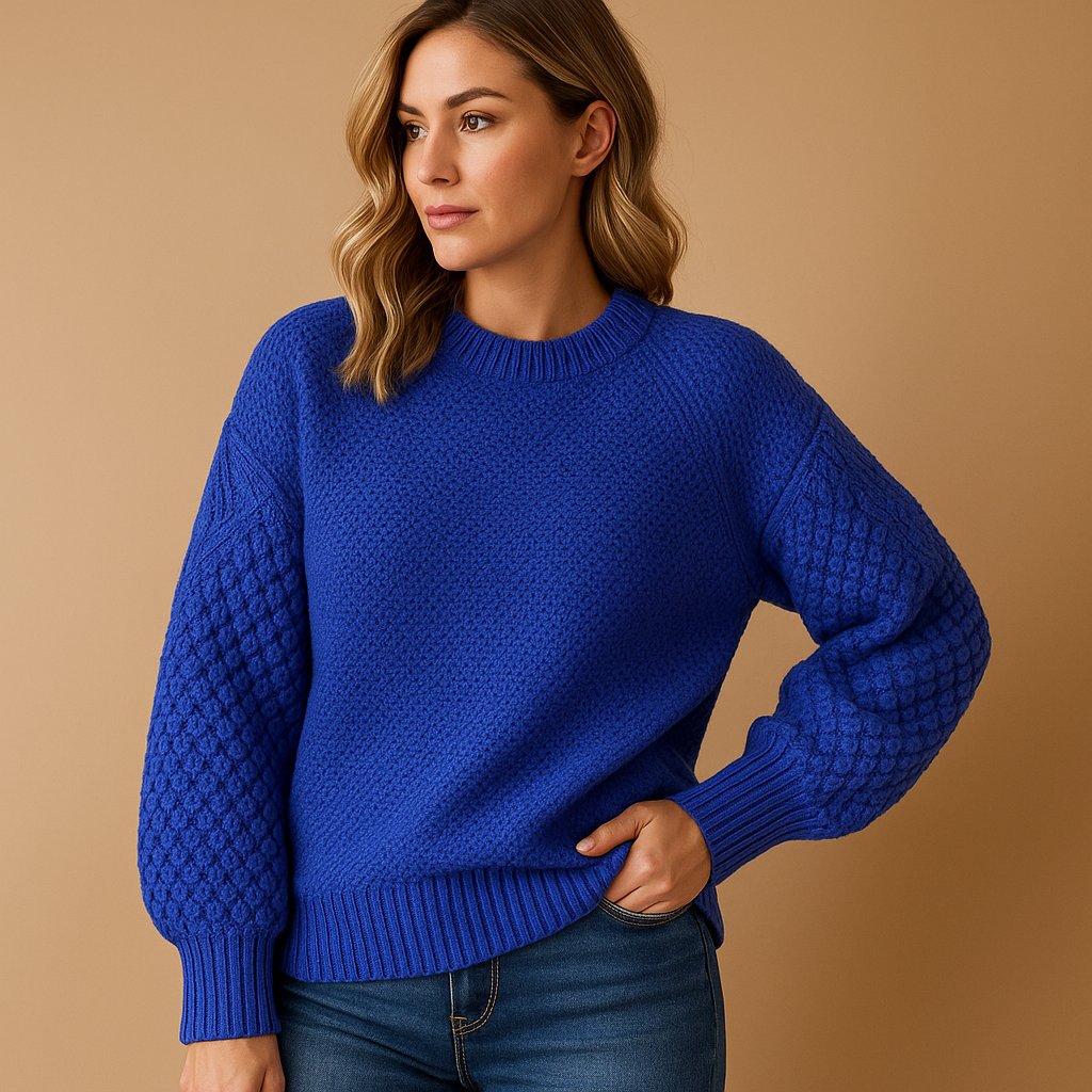 Dames Zachte Gebreide Trui met Kabelpatroon Mouwen - Blue