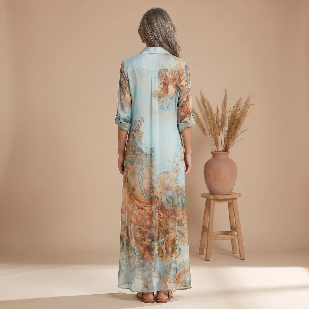Dames Zijden Maxi Blousejurk Barok Print Knoopsluiting