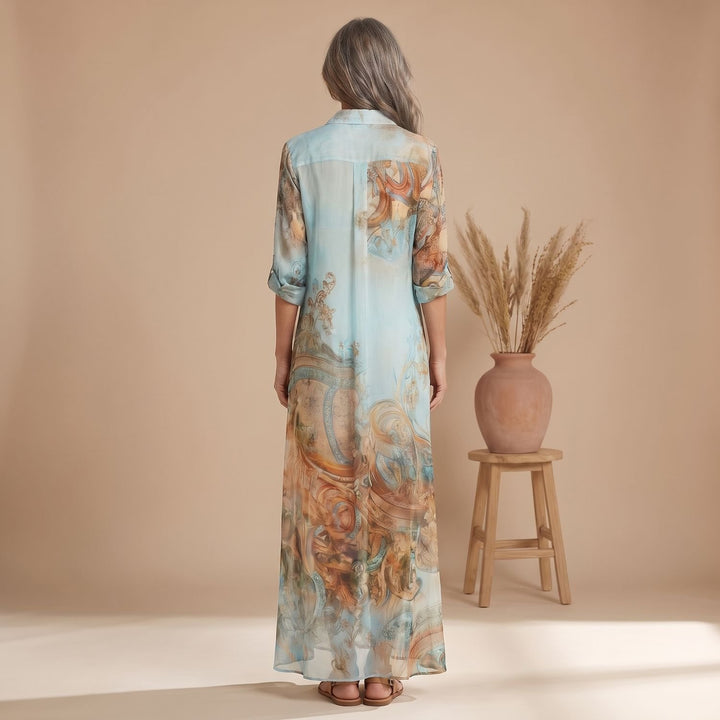 Dames Zijden Maxi Blousejurk Barok Print Knoopsluiting