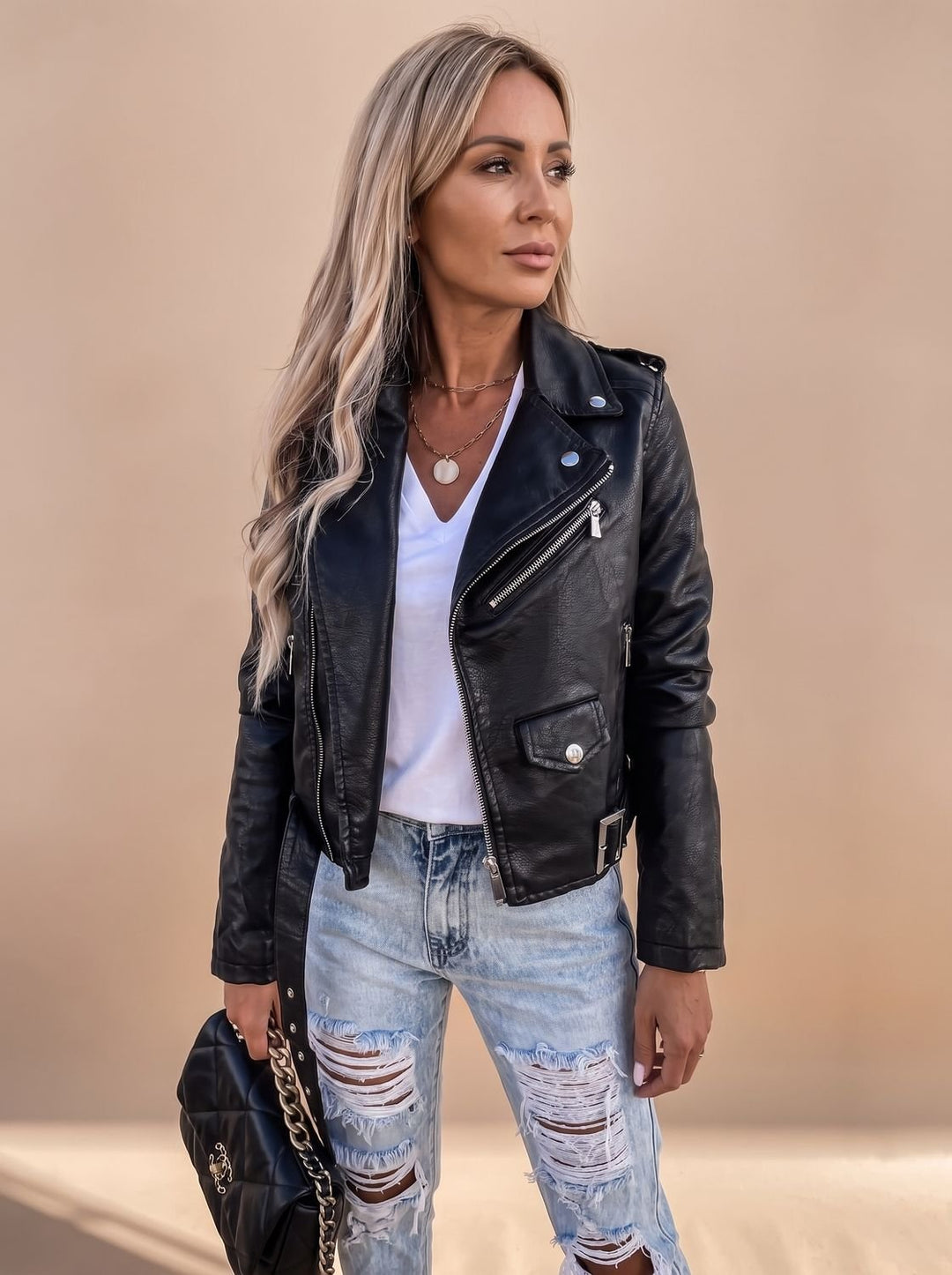 Dames Zwart Kunstleren Biker Jasje Schuine Rits