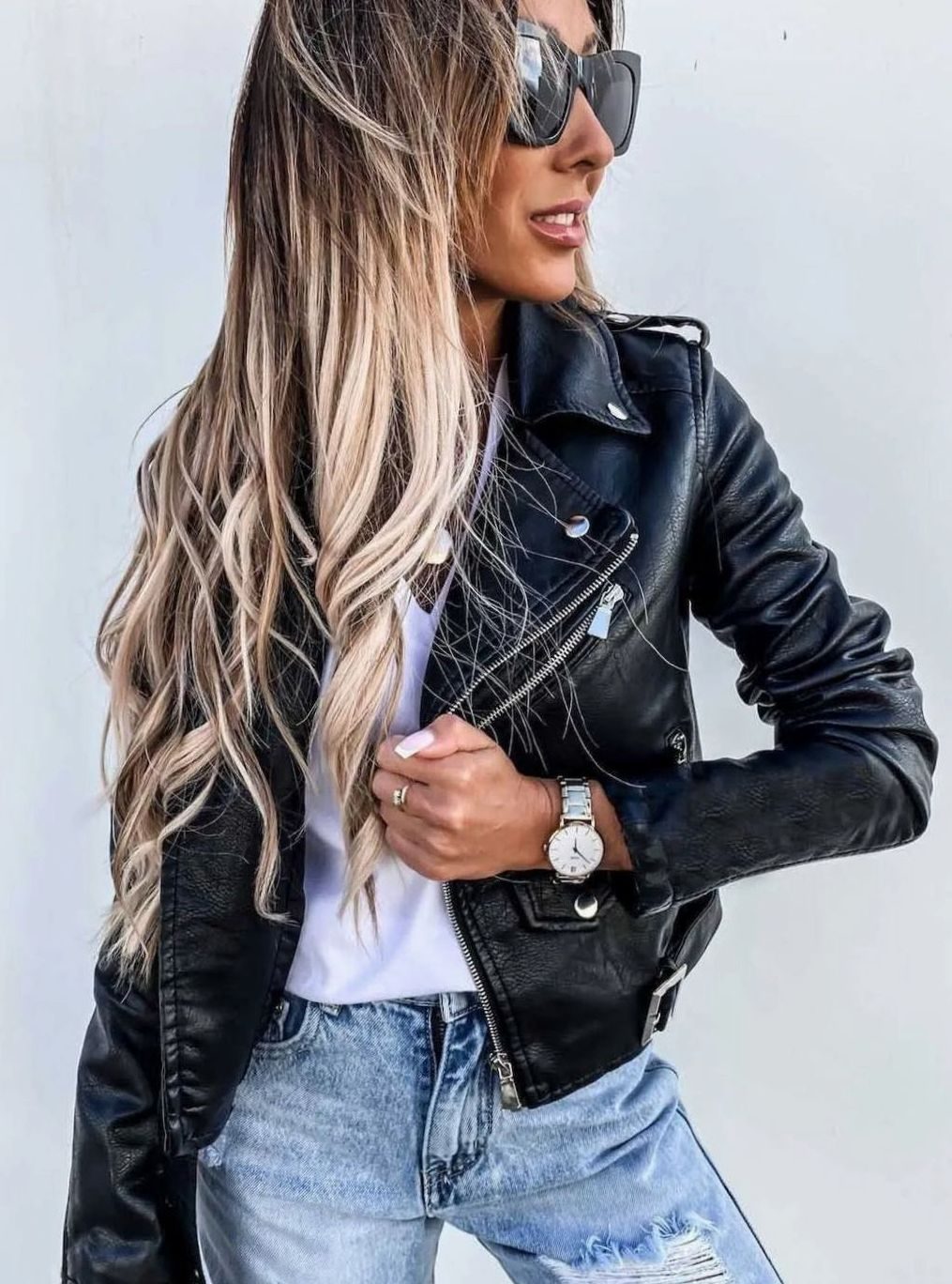 Dames Zwart Kunstleren Biker Jasje Schuine Rits