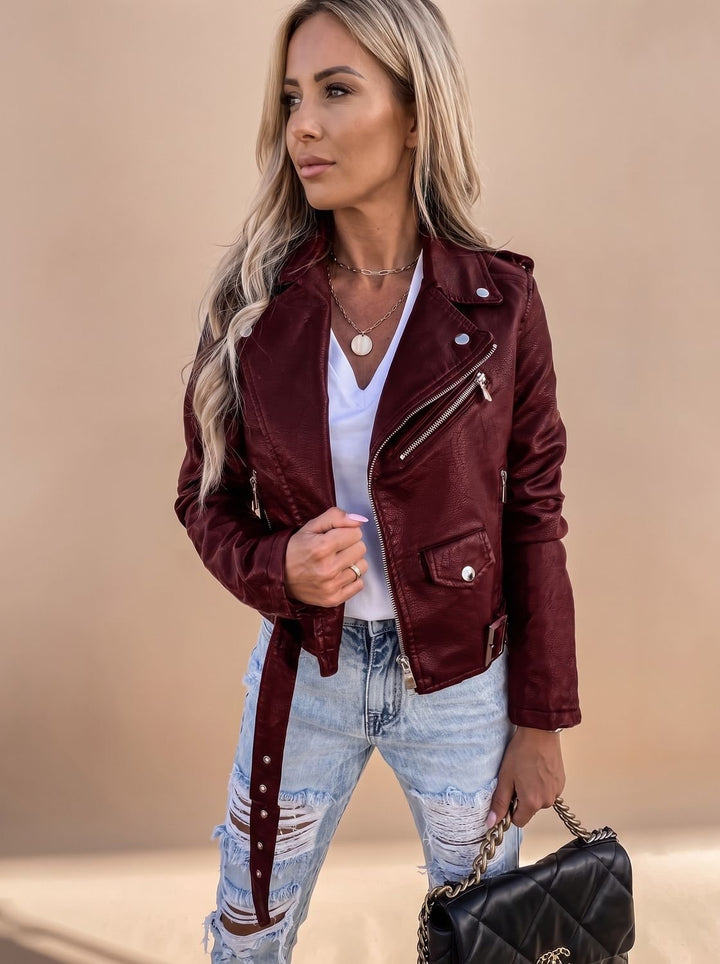 Dames Zwart Kunstleren Biker Jasje Schuine Rits - Rood