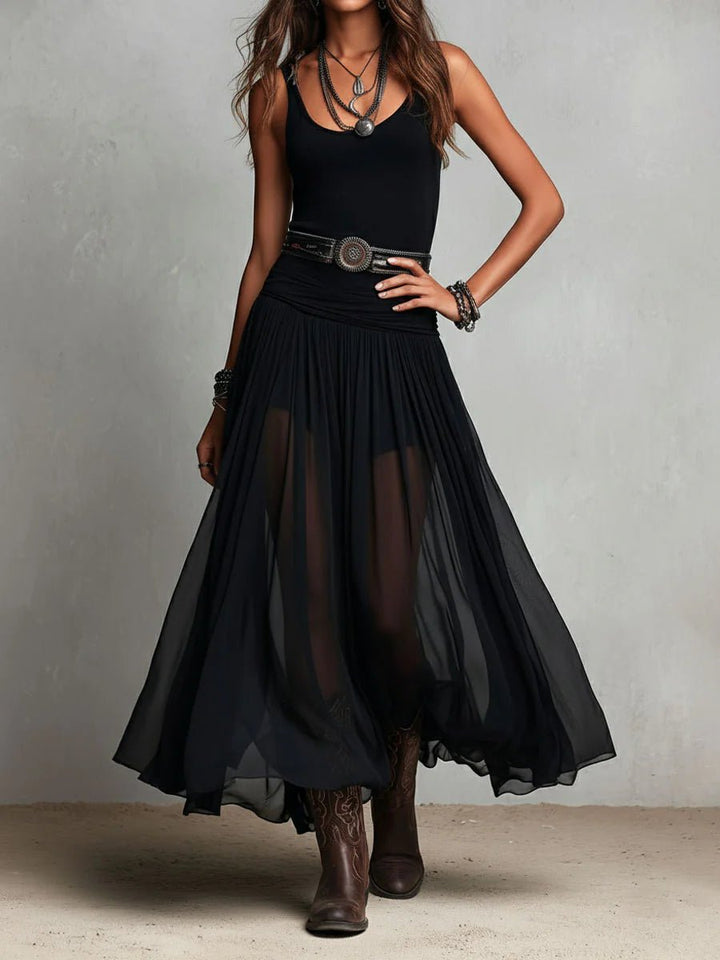 Dames Zwarte Boho Maxi Jurk V-Hals Mouwloos Tule Rok