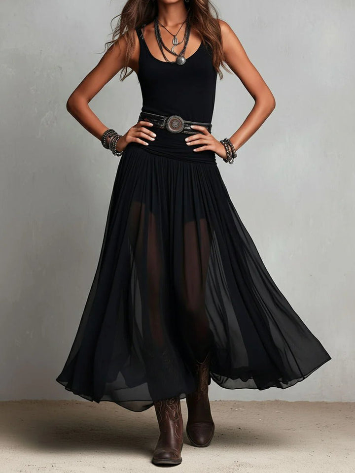 Dames Zwarte Boho Maxi Jurk V-Hals Mouwloos Tule Rok