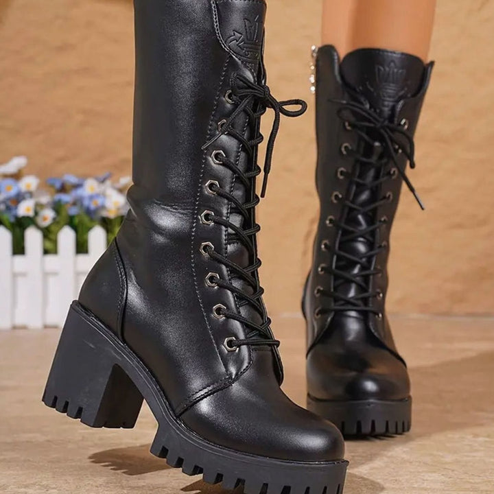 Dames Zwarte Combat Laarzen met Vetersluiting Chunky Hak