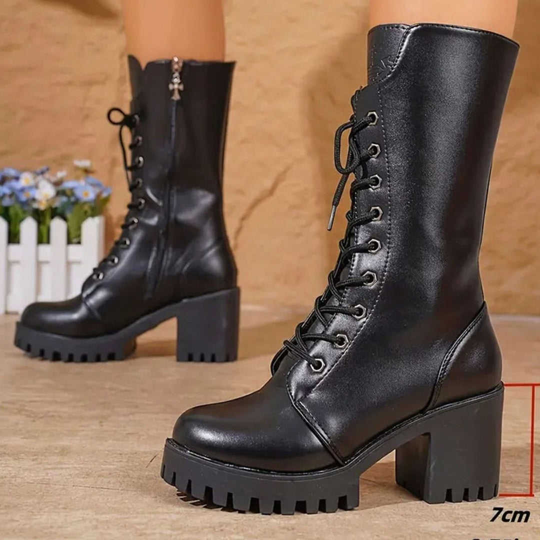 Dames Zwarte Combat Laarzen met Vetersluiting Chunky Hak