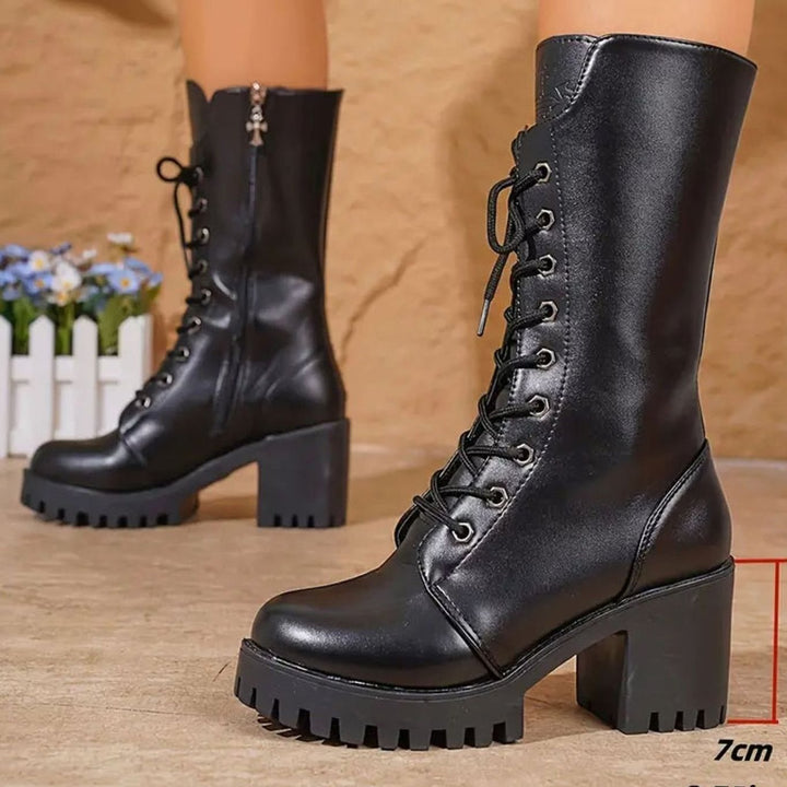Dames Zwarte Combat Laarzen met Vetersluiting Chunky Hak