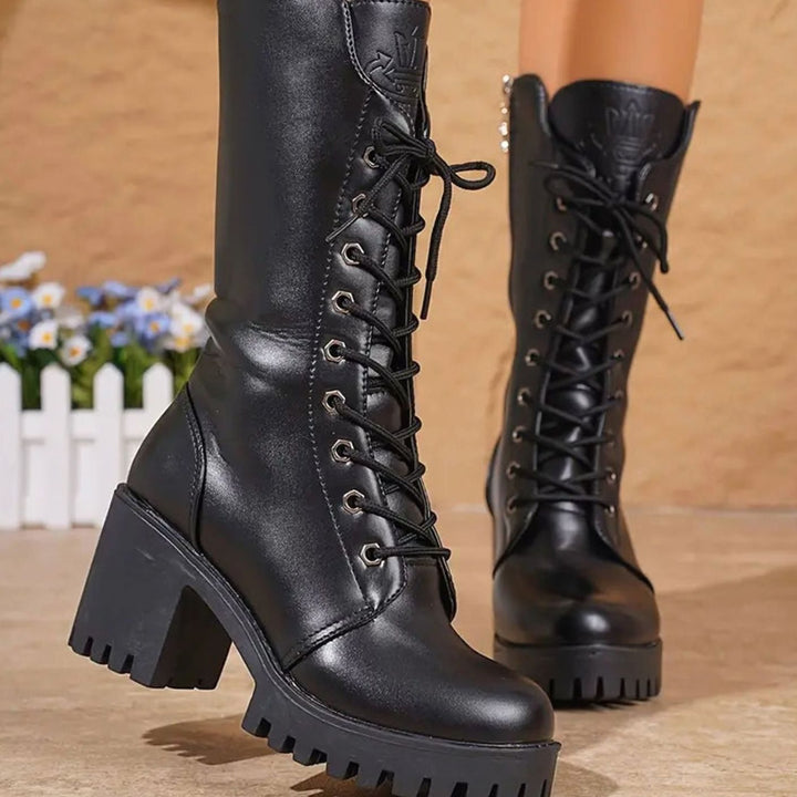 Dames Zwarte Combat Laarzen met Vetersluiting Chunky Hak