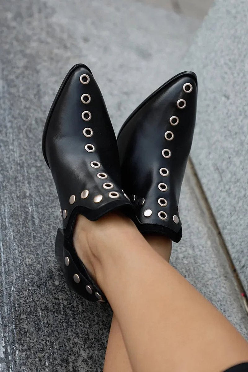 Dames Zwarte Leren Ankle Boots Metalen Studs Blokhak
