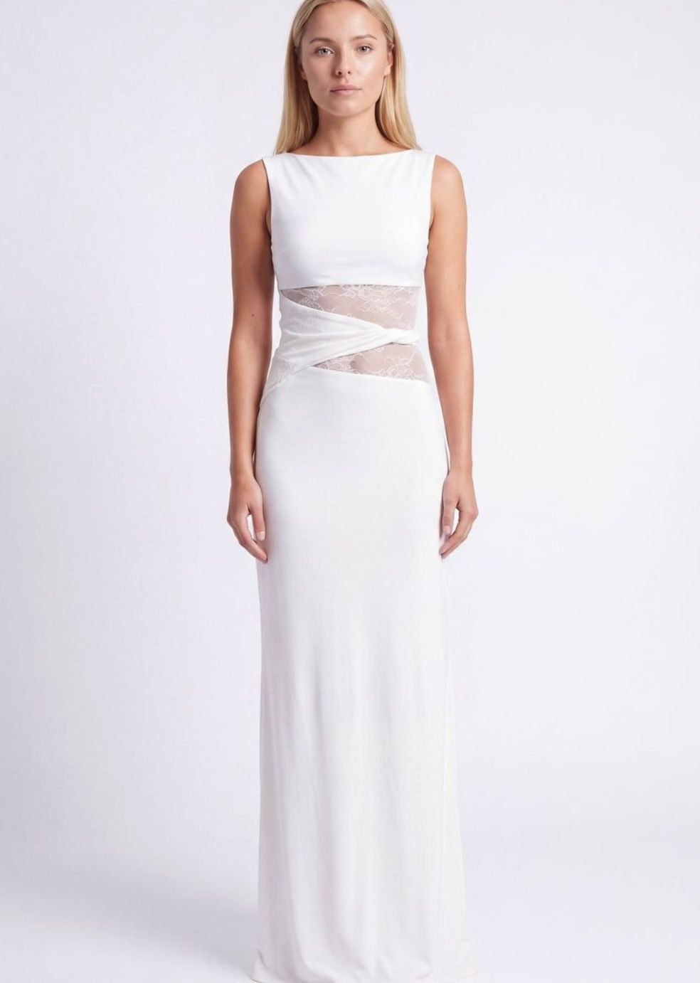 Dames Zwarte Maxi Feestjurk Kanten Taille Mouwloos Lange Jurk - Wit