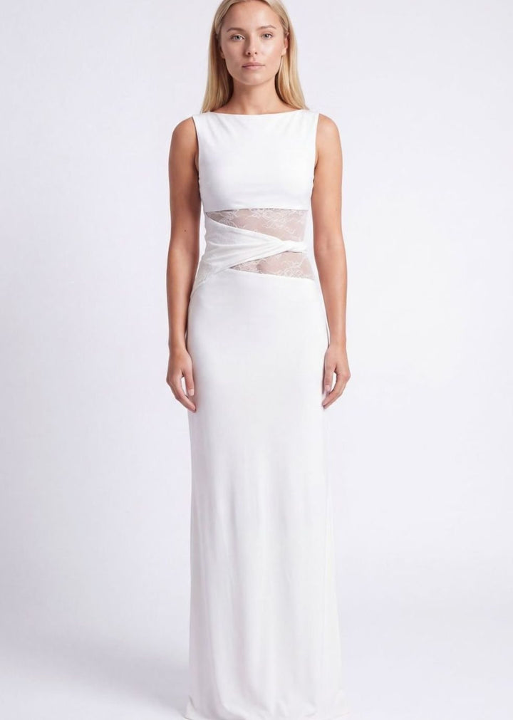 Dames Zwarte Maxi Feestjurk Kanten Taille Mouwloos Lange Jurk - Wit