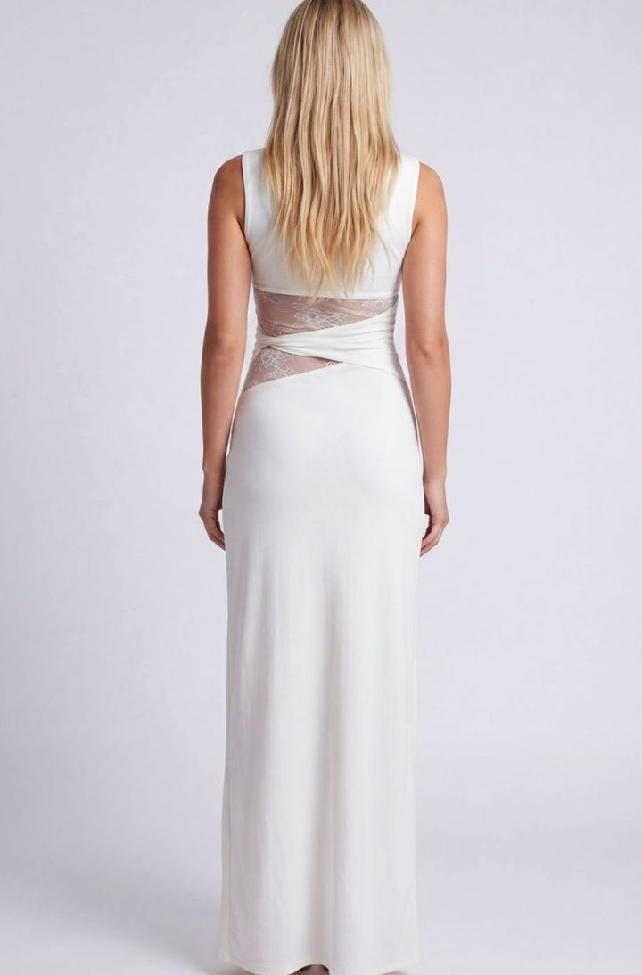 Dames Zwarte Maxi Feestjurk Kanten Taille Mouwloos Lange Jurk