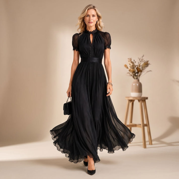 Dames Zwarte Maxi Feestjurk met Korthouw en Kanten Details