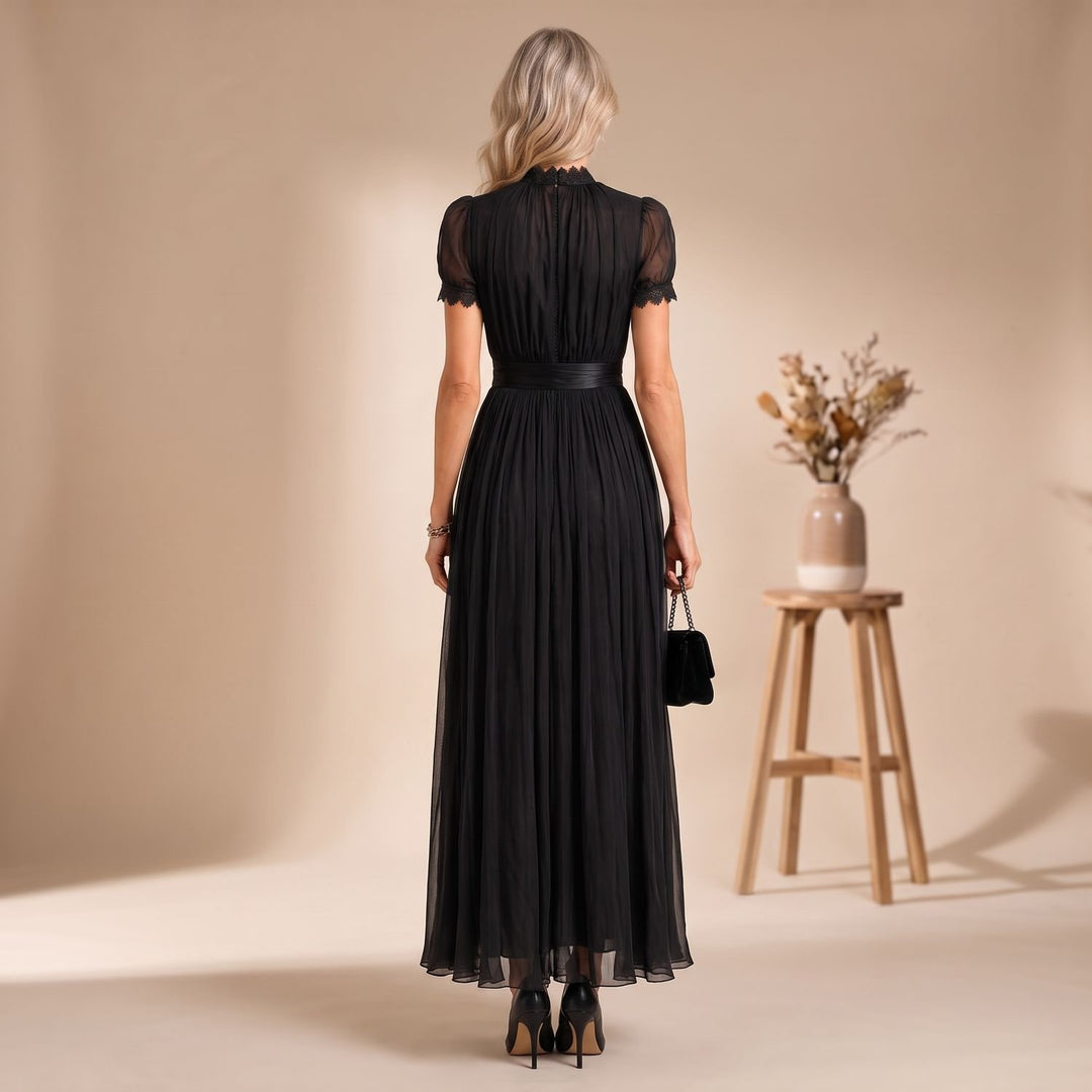 Dames Zwarte Maxi Feestjurk met Korthouw en Kanten Details