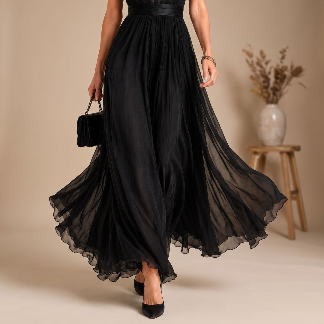 Dames Zwarte Maxi Feestjurk met Korthouw en Kanten Details