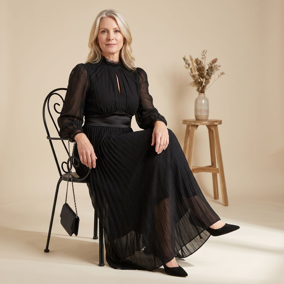 Dames Zwarte Maxi Feestjurk met Korthouw en Kanten Details