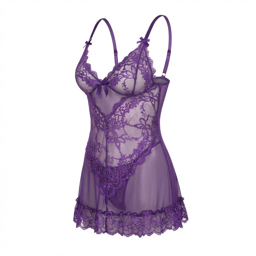 Doorzichtige Mesh Kant Chemise Nachtjapon Inclusief G-String - Purple