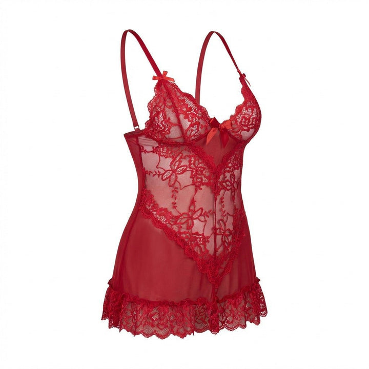Doorzichtige Mesh Kant Chemise Nachtjapon Inclusief G-String - Red