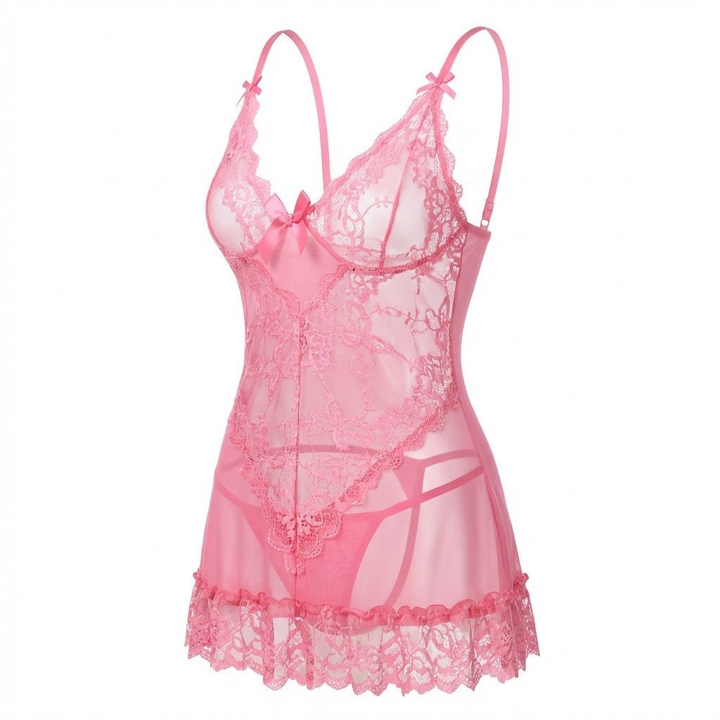 Doorzichtige Mesh Kant Chemise Nachtjapon Inclusief G-String - Pink