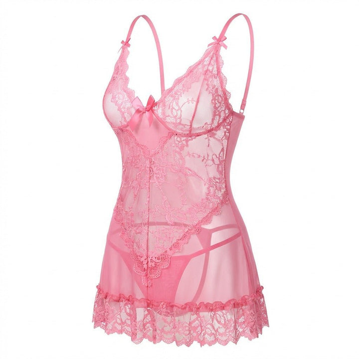 Doorzichtige Mesh Kant Chemise Nachtjapon Inclusief G-String - Pink