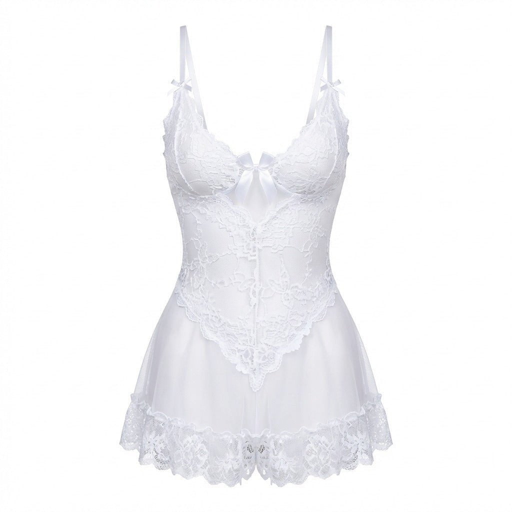 Doorzichtige Mesh Kant Chemise Nachtjapon Inclusief G-String - White