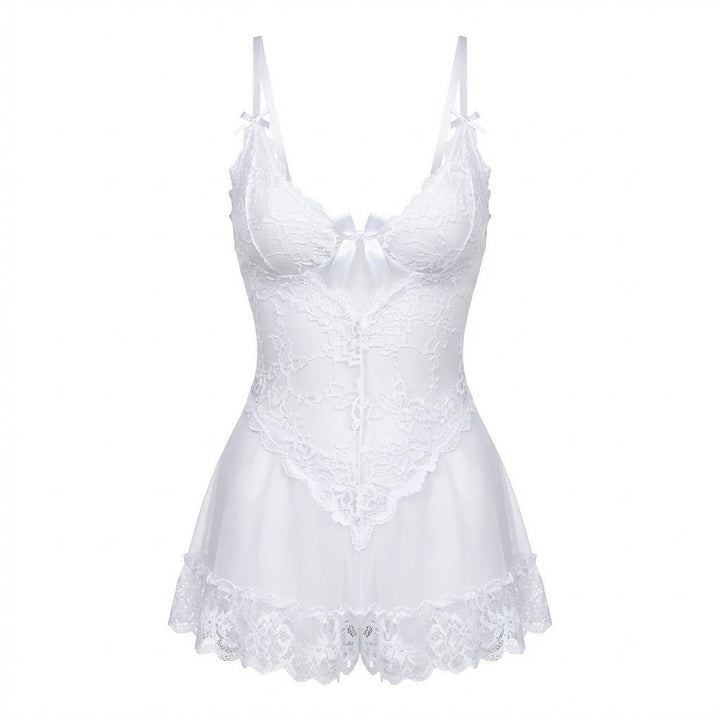 Doorzichtige Mesh Kant Chemise Nachtjapon Inclusief G-String - White