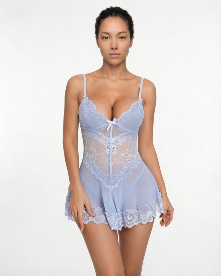 Doorzichtige Mesh Kant Chemise Nachtjapon Inclusief G-String