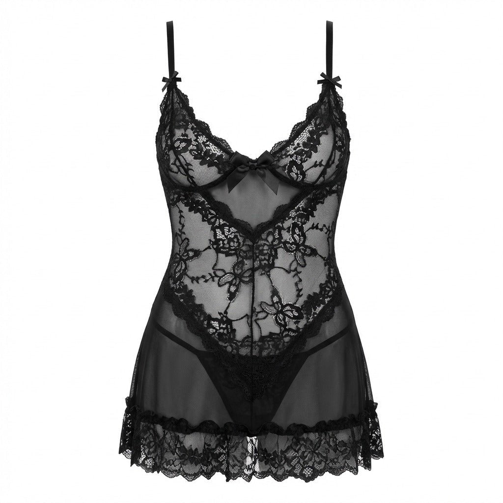 Doorzichtige Mesh Kant Chemise Nachtjapon Inclusief G-String - Black