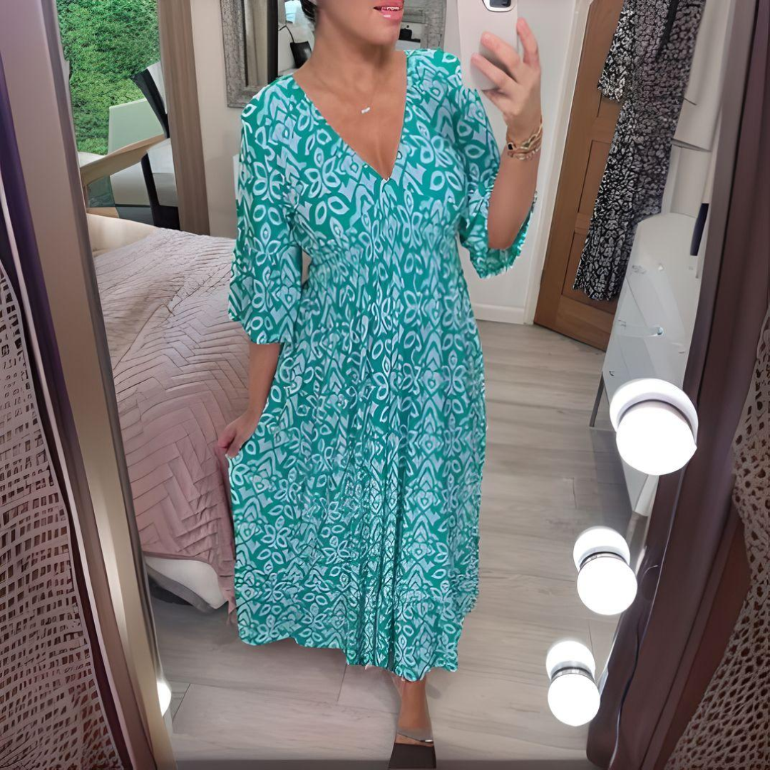 Losse Boho-jurk met V-hals en grafisch patroon – Enkellang