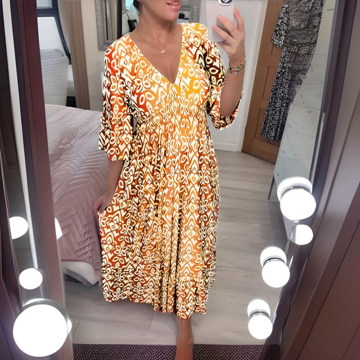 Losse Boho-jurk met V-hals en grafisch patroon – Enkellang