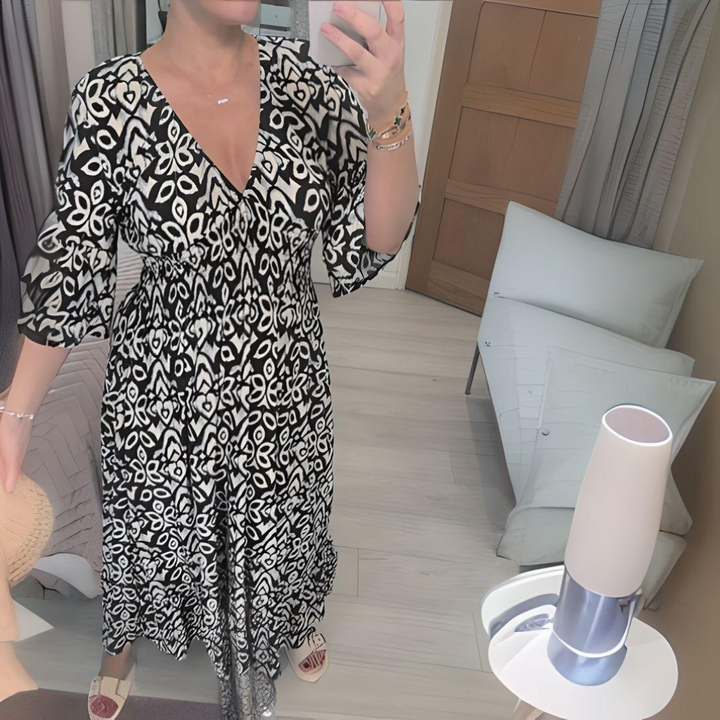 Losse Boho-jurk met V-hals en grafisch patroon – Enkellang