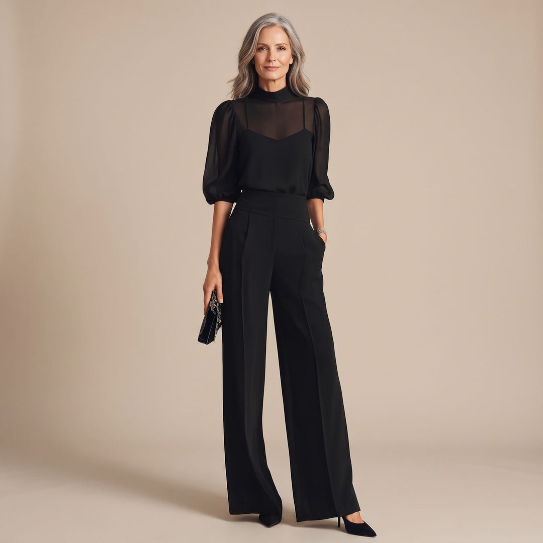 Driedelige Damesset Transparante Top Camisole Wijde Broek - Zwart