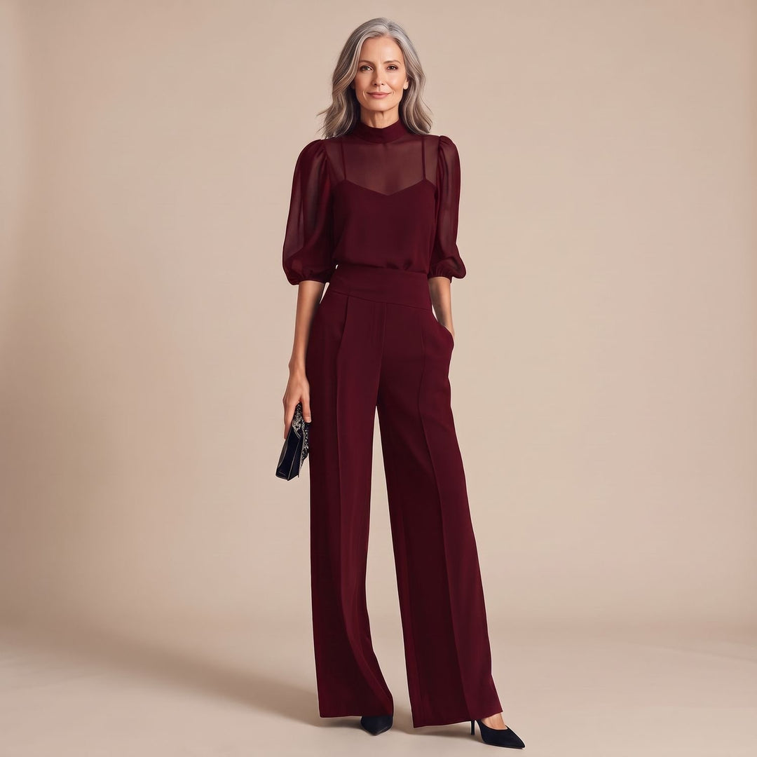 Driedelige Damesset Transparante Top Camisole Wijde Broek - Rood