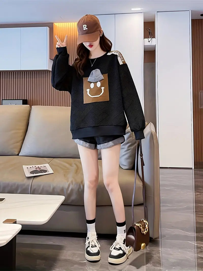 Bobbie™ Damenpullover mit 3D-Cartoonprint und Schulterdetails