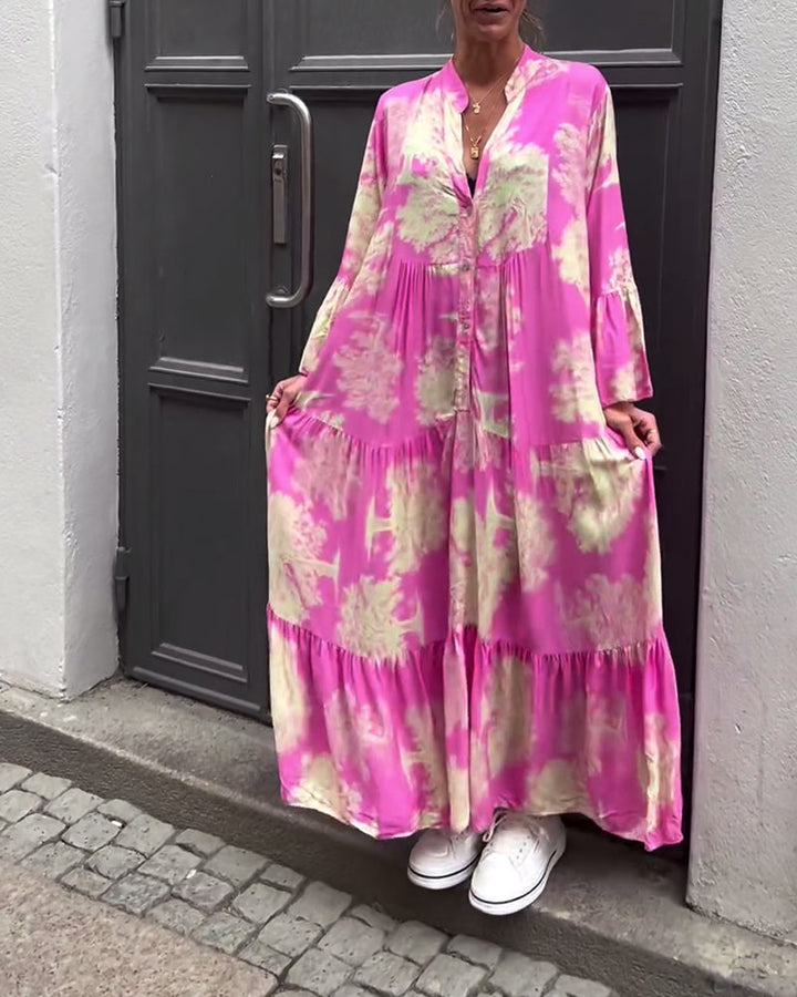 Maxi-jurk met print, volantmouwen & staande kraag – Stijlvol & Luchtig