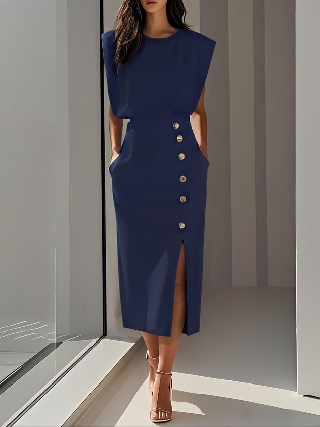 Emma | Damen Ärmelloses Midikleid mit Knopfdetail