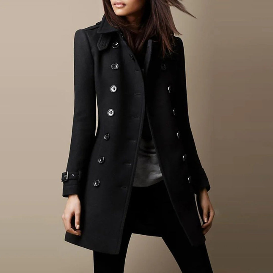 Elegante Dubbelrijige Winterjas Dames Middellang - Zwart