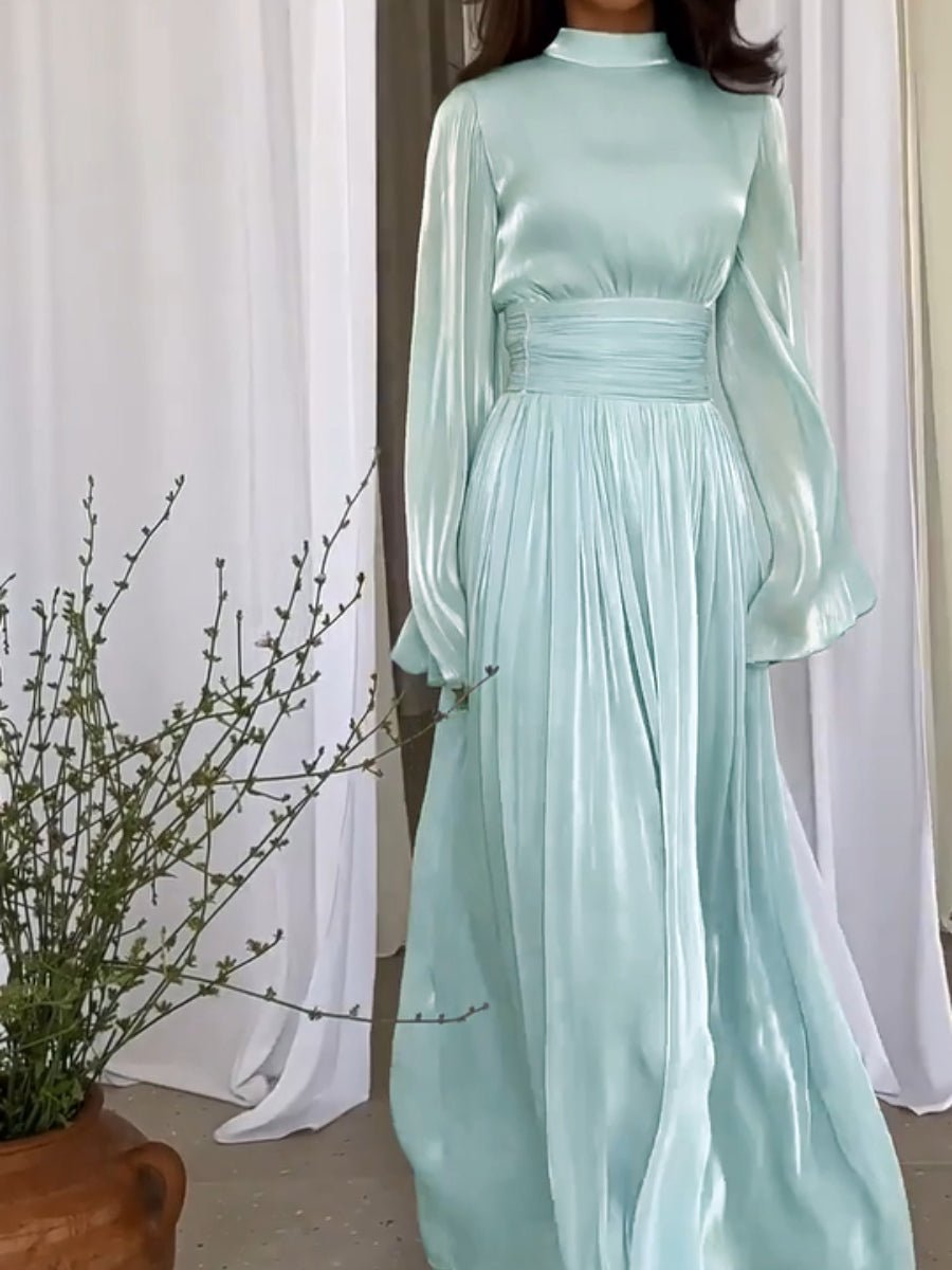 Elegante Geplooide Maxi Jurk Dames Lange Mouwen Feestelijk