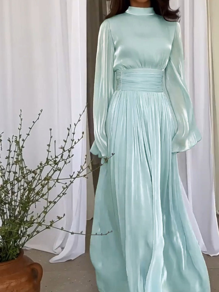 Elegante Geplooide Maxi Jurk Dames Lange Mouwen Feestelijk