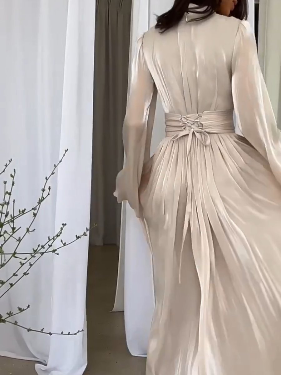 Elegante Geplooide Maxi Jurk Dames Lange Mouwen Feestelijk