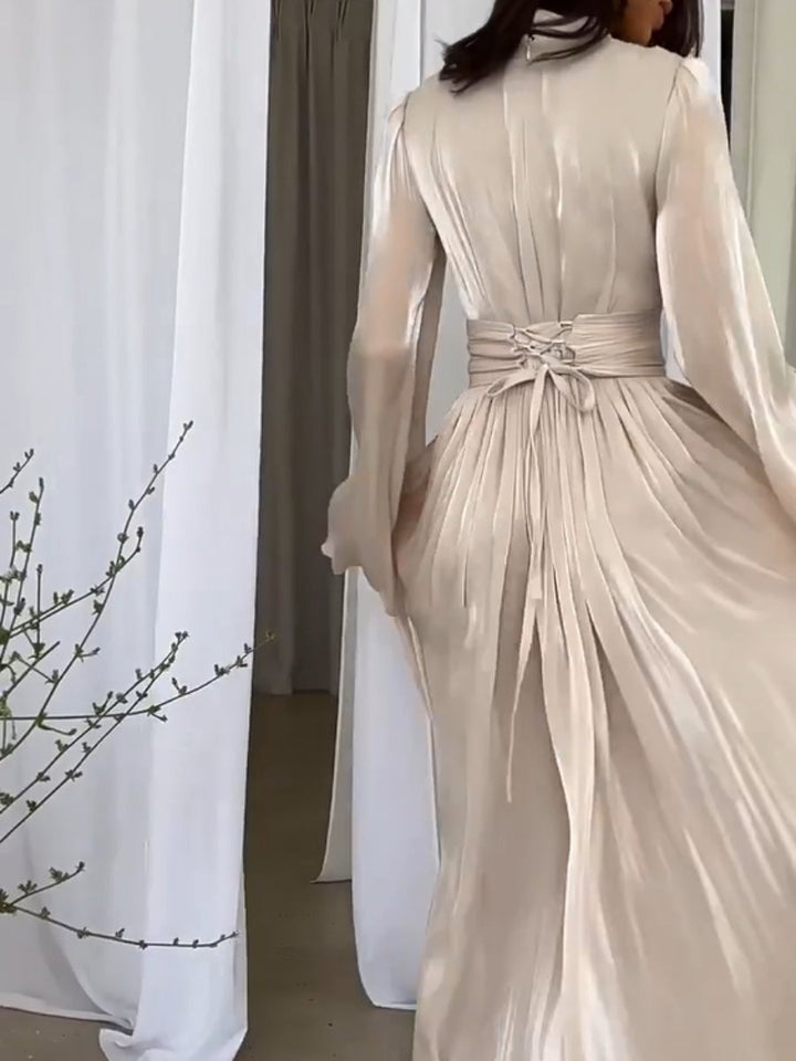 Elegante Geplooide Maxi Jurk Dames Lange Mouwen Feestelijk
