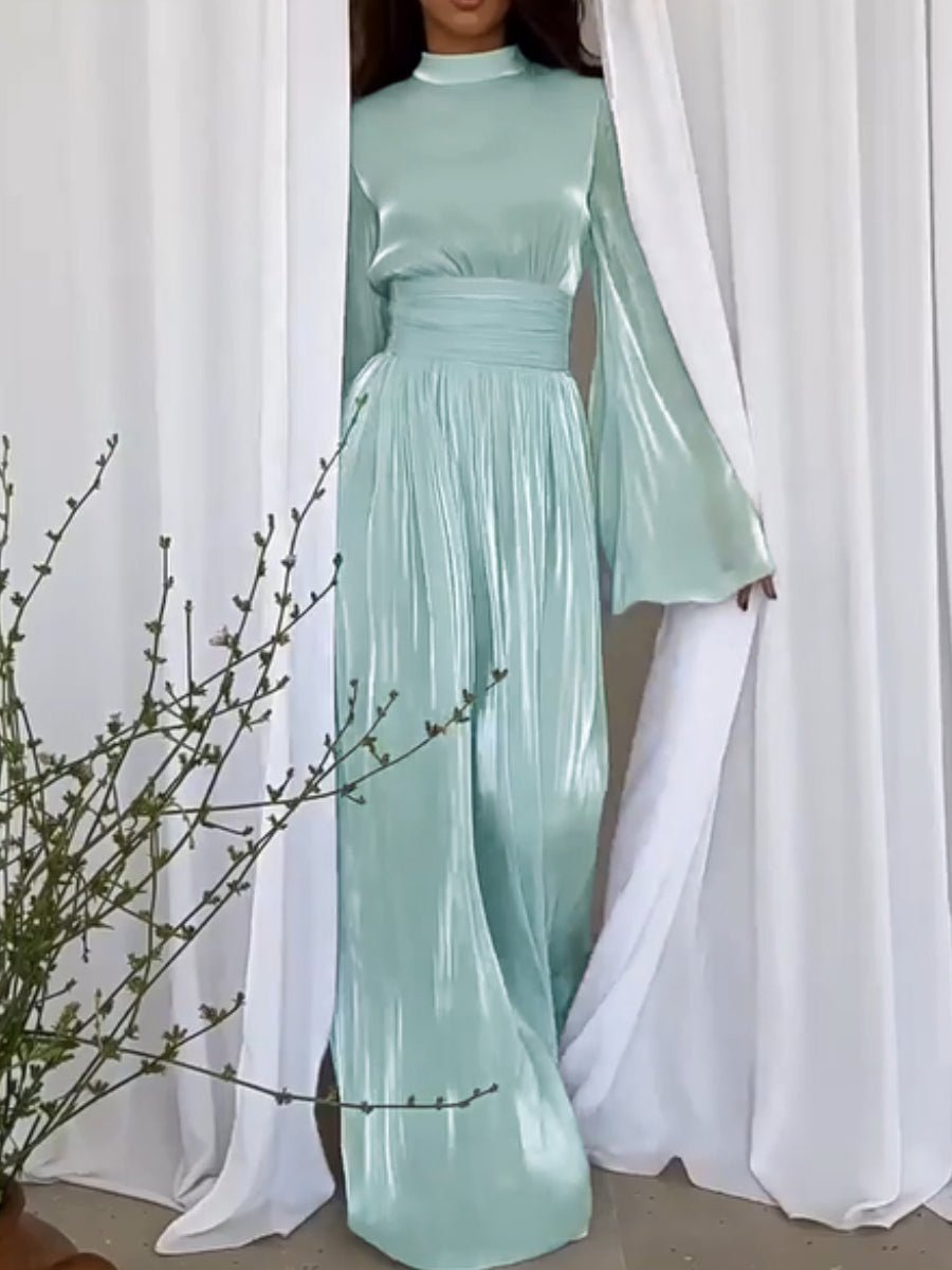 Elegante Geplooide Maxi Jurk Dames Lange Mouwen Feestelijk - Groen